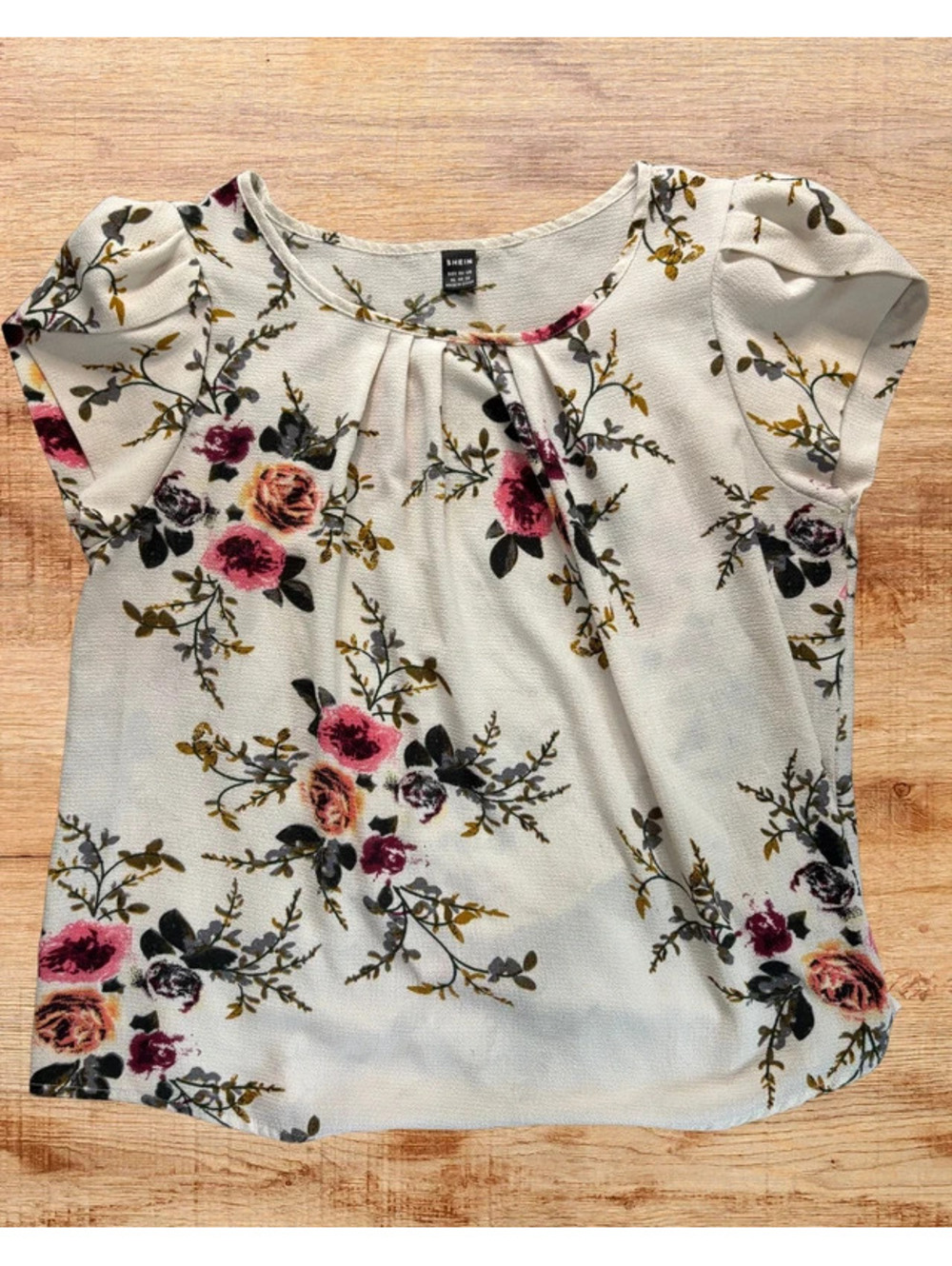 SHEIN Women's XL White Floral Blouse Rose Print Short Sleeve Top
